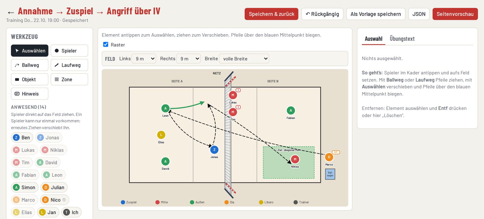 Feld-Editor mit Spielern, Ball- und Laufwegen
